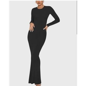 Reoria Black Ribbed Knit Long Sleeve Maxi Dress Crew Neck Bodycon NWT